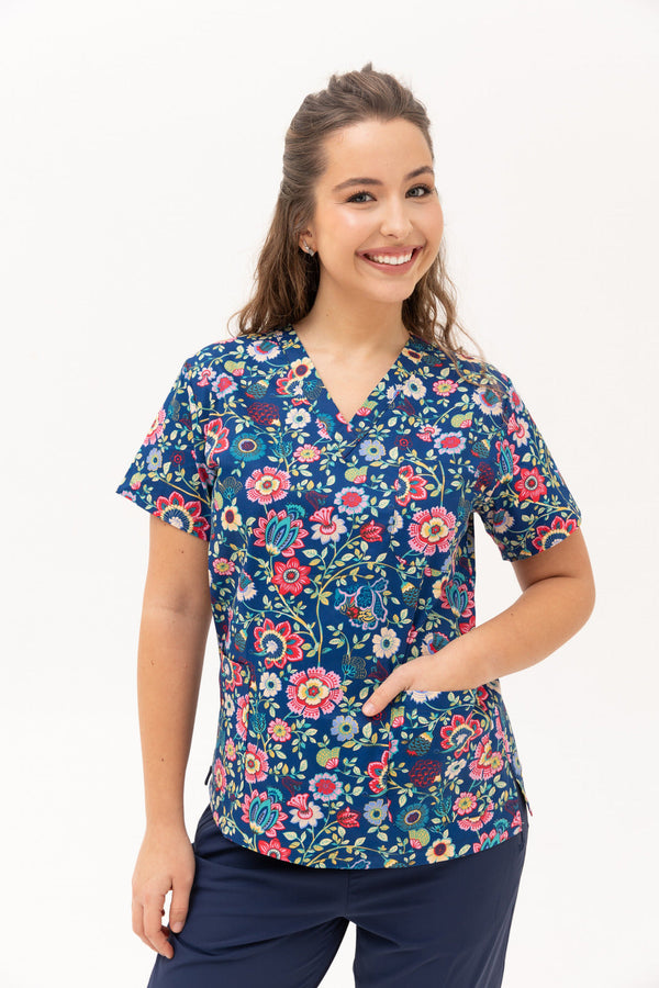 Blue Floral Scrub Top