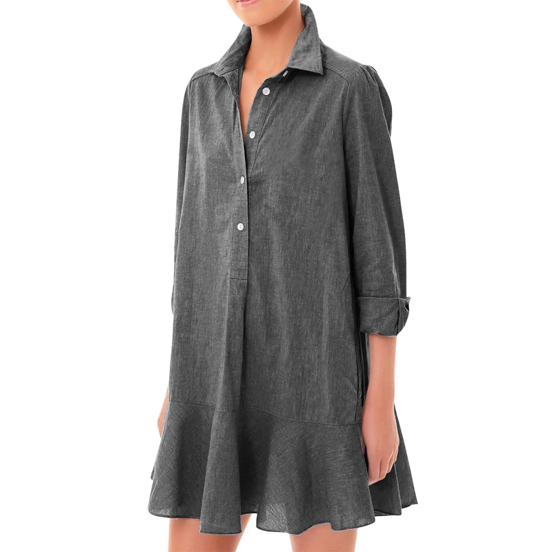 Classic Button-Up Ruffle Hem Dress