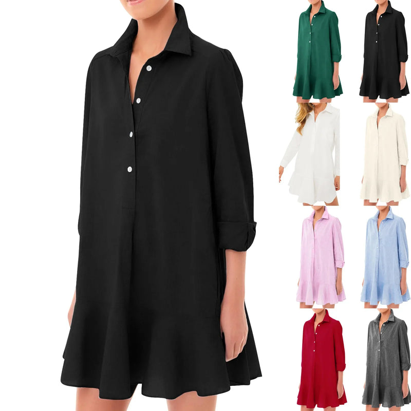 Classic Button-Up Ruffle Hem Dress