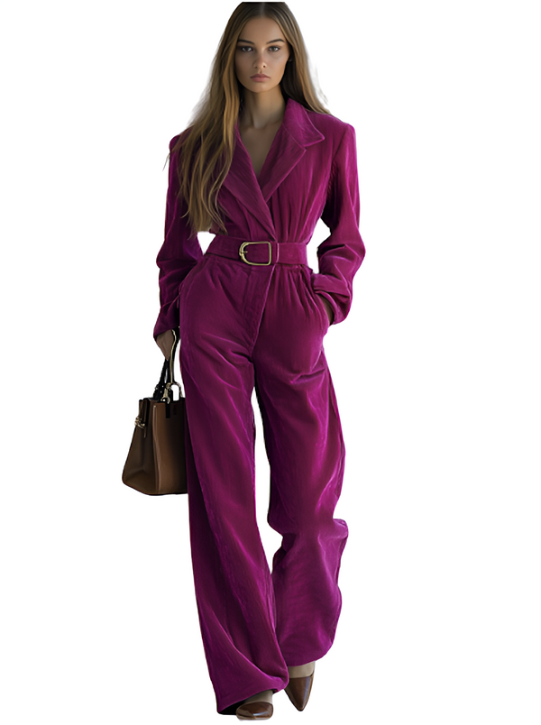 Corduroy Lapel Long Sleeve Jumpsuit