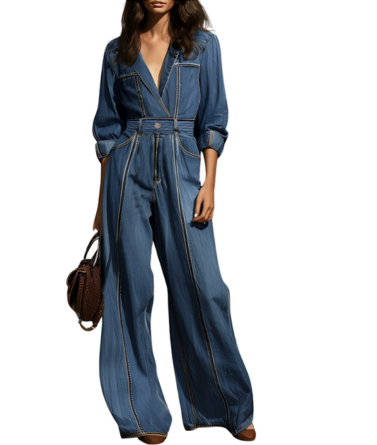 Retro Belted Long Sleeve Denim Jumpsuit