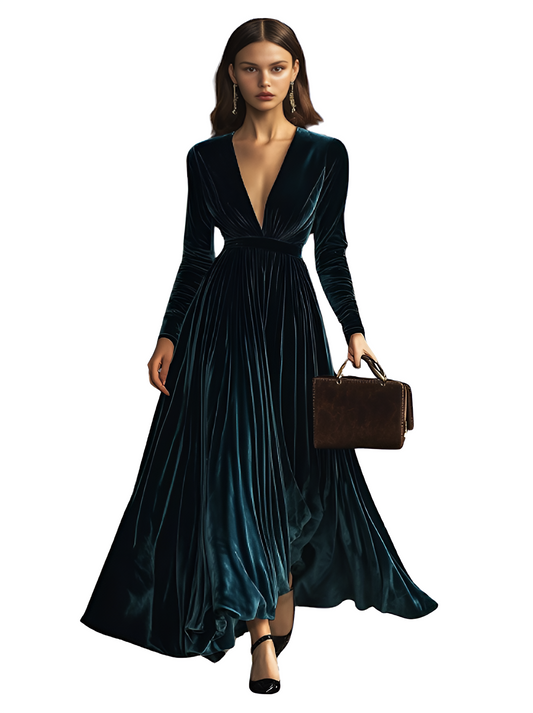 V-Neck Fashion Party Solid Color Velvet Long-Sleeved Maxi Dress