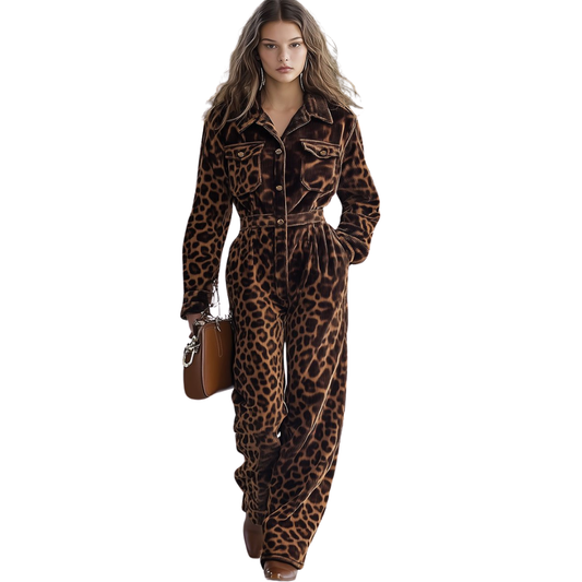 Casual Loose Retro Corduroy Leopard Long Sleeve Jumpsuit