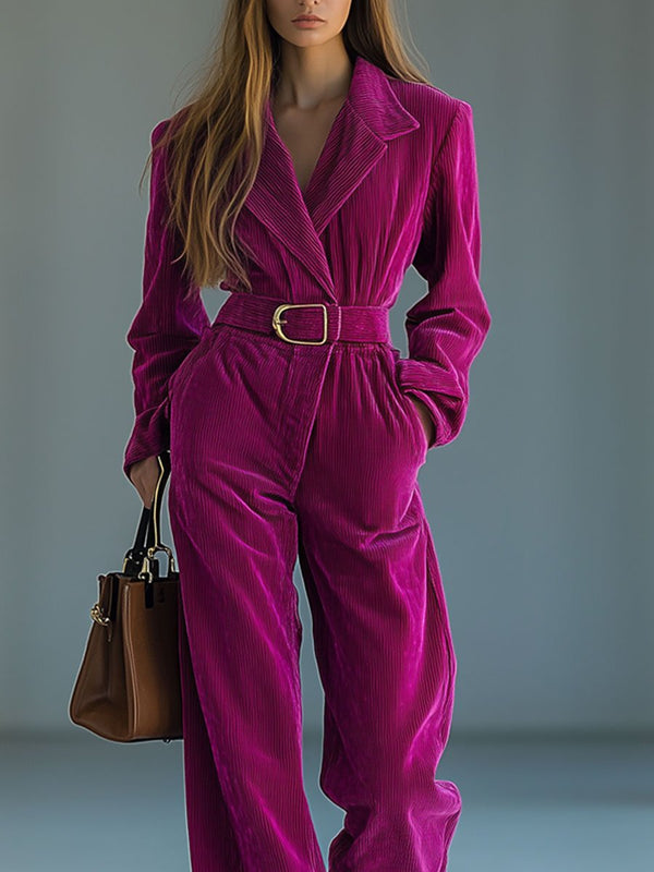 Corduroy Lapel Long Sleeve Jumpsuit