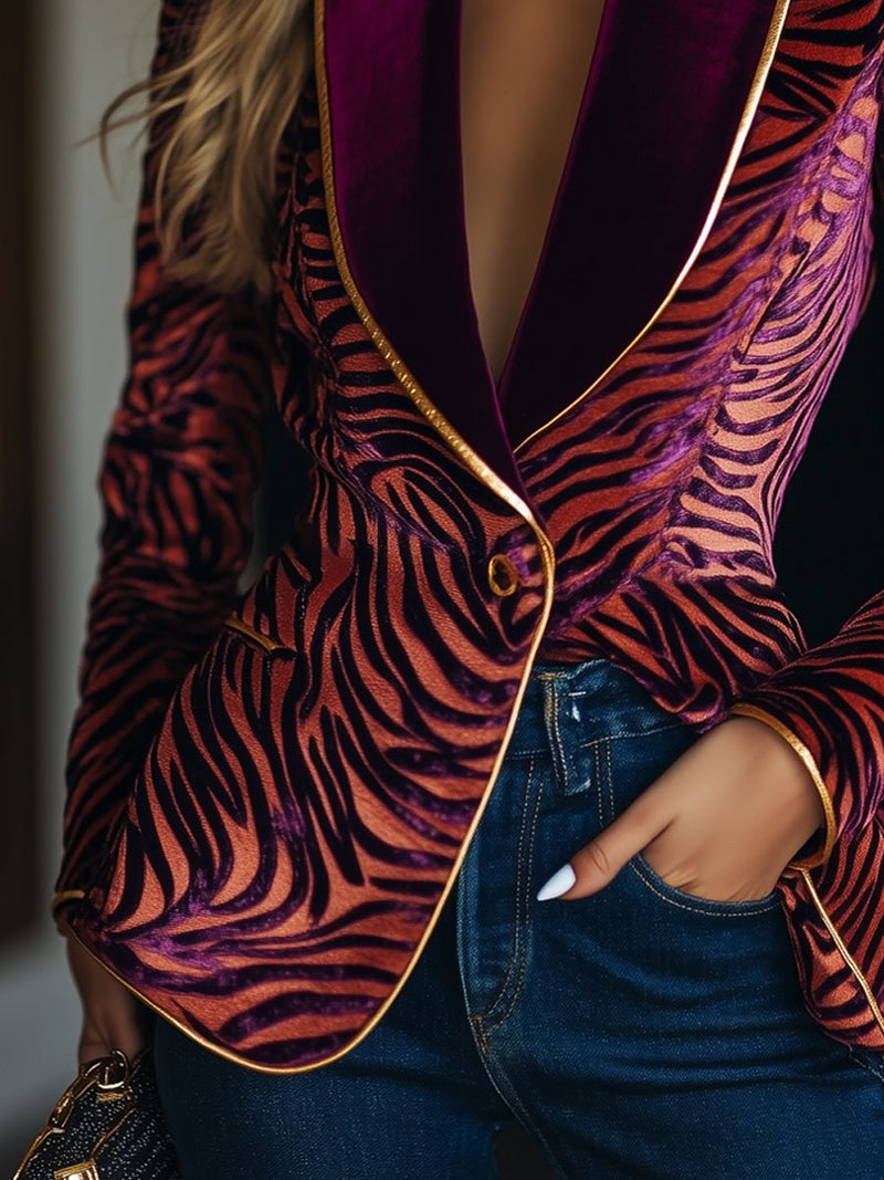 Casual Loose Vintage Velvet Zebra Blazer