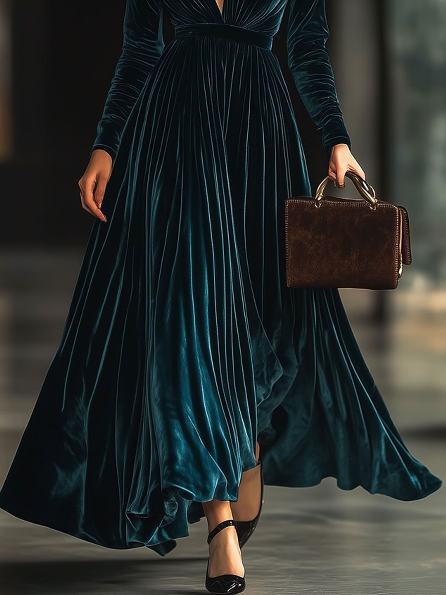 V-Neck Fashion Party Solid Color Velvet Long-Sleeved Maxi Dress