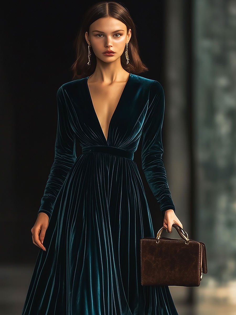 V-Neck Fashion Party Solid Color Velvet Long-Sleeved Maxi Dress