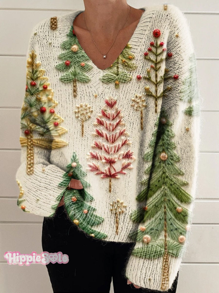 Women's Christmas Tree 3D Casual V-neck Pullover Knit